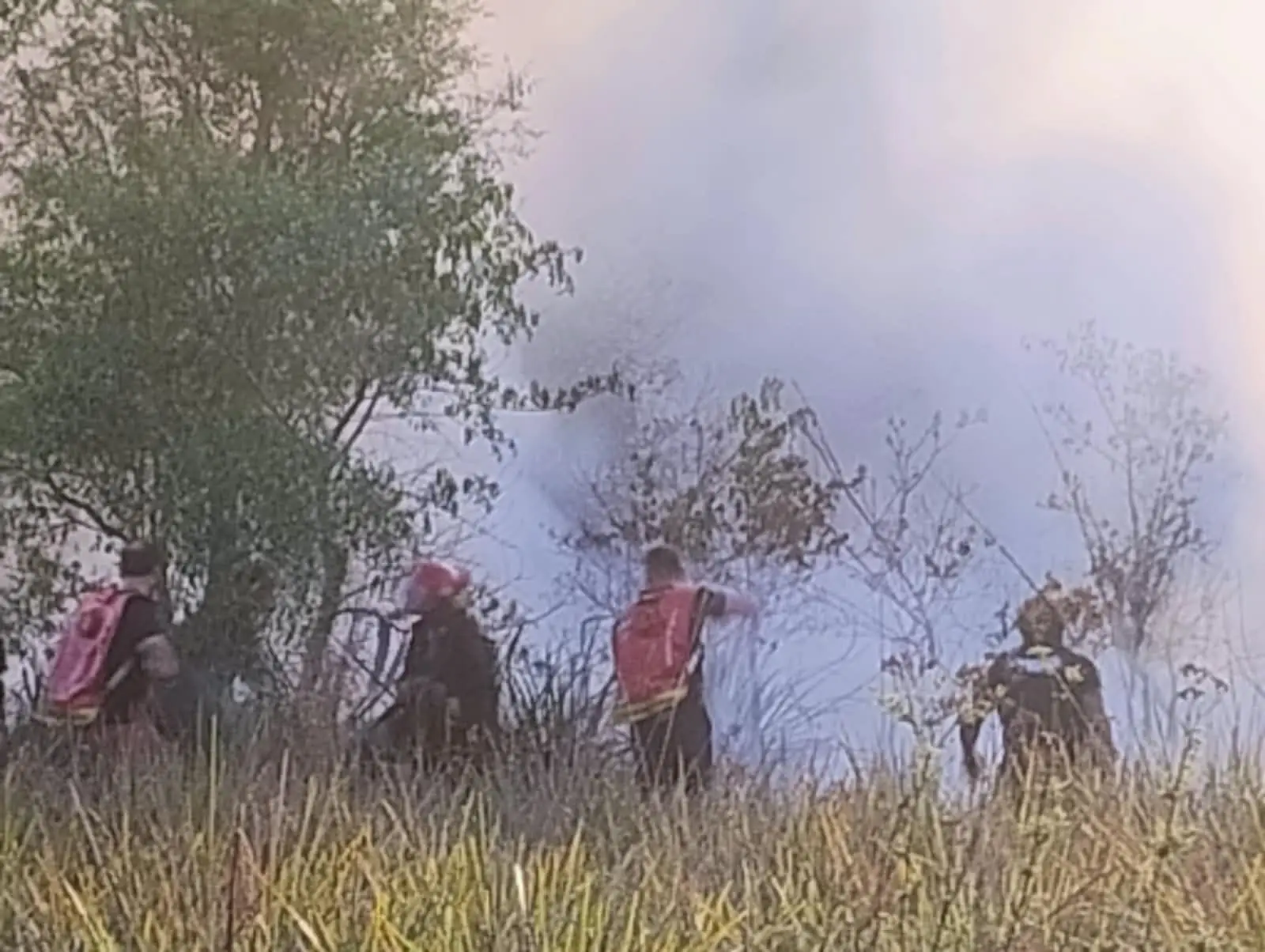 Bomberos con mochilas de agua trabajando entre el humo del incendio